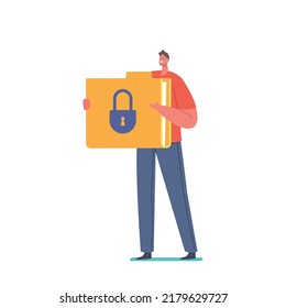 Tiny Male Character with Huge File Folder and Padlock Sign Isolated on White Background. Identification Information, Internet Security Profile or Account, GDPR Privacy. Cartoon Vector Illustration