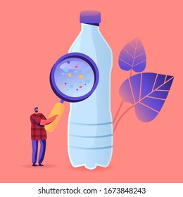 Tiny Male Character with Huge Magnifying Glass Looking at Bottle with Microplastic Pieces Floating in Drinking Water. Ecological and Earth Nature Pollution Problem Concept. Cartoon Vector Illustration