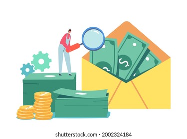 Tiny Male Character with Huge Magnifying Glass Look on Money in Envelope. Aml, Campaign Against Money Laundering, End of Bribes, Corruption and Illegal Business. Cartoon People Vector Illustration