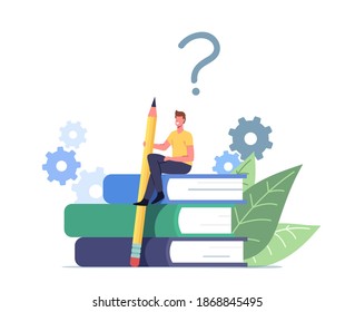 Tiny Male Character with Huge Pencil Sit on Guidance Booklet or Guided Textbook. User Manual Tutorial Concept. User Reading Guidebook and Writing Technical Instructions. Cartoon Vector Illustration