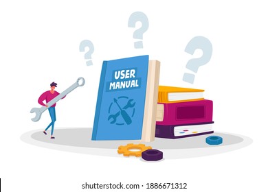 Tiny Male Character with Huge Spanner Reading User Manual Booklet, Document Specification Requirements, Instruction for User, Information. Man Holding Huge Wrench.. Cartoon Vector Illustration