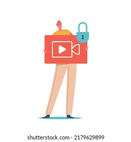 Tiny Male Character with Huge Video Play Button or Media File with Padlock. Data Security, Privacy and Protection Concept. GDPR, Digital Documents Network Security. Cartoon People Vector Illustration