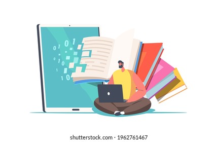 Tiny Male Character with Laptop in Hands Sitting at Huge Books Converting Information from Paper Pages into Digital Version, Digitization, Online Education and Library. Cartoon Vector Illustration