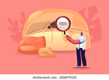 Tiny Male Character Looking on Huge Fossil Amber with Mosquito inside through Magnifying Glass. Geological Research, Mineral with Insect, Material for Making Jewelry. Cartoon Vector Illustration