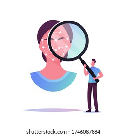 Tiny Male Character Looking through Huge Magnifying Glass on Woman Face with Polygonal Ornament for Biometric Identification. Facial Id Verification, Scanning. Cartoon People Vector Illustration