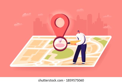 Tiny Male Character with Magnifier at Huge Map with Gps Pin Finding Correct Way in Big City. Satellite Geolocation Positioning, Sport Navigation, Orienteering Traveling. Cartoon Vector Illustration