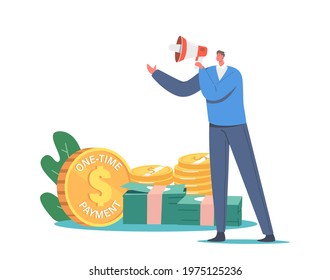 Tiny Male Character with Megaphone Promote Subscription Business Model with One Time Payment. Application Membership Service Available on Monthly Subscription Basis. Cartoon Vector Illustration