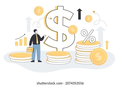 Tiny male character on dollar coins, arrows and percentage background. Money value level recession and price increase process flat vector illustration. Economy, general inflation, market risk concept