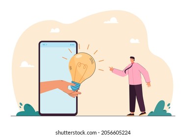 Tiny male character pointing at bulb in smartphone. Man liking idea that online service offering him flat vector illustration. Virtual assistance concept for banner, website design or landing web page