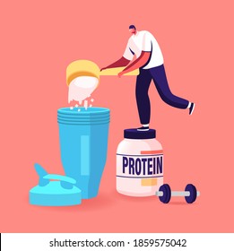 Tiny Male Character Pour Protein Powder for Making Cocktails in Shaker in Gym. Sportive Nutrition for Pumping Muscles, Fitness Recreation, Bodybuilding Activity and Food. Cartoon Vector Illustration