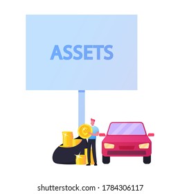 Tiny Male Character Put Huge Golden Coins into Black Sack standing at Red Car and Banner with Assets Inscription. Budget Planning, Valuable and Profitable Property Concept. Cartoon Vector Illustration