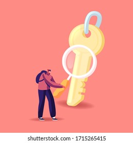 Tiny Male Character with Rucksack on Back Look on Huge Key through Magnifying Glass Solving Escape Room Enigma Quest Game, Task Solution, Research Correct Way in Conundrum. Cartoon Vector Illustration