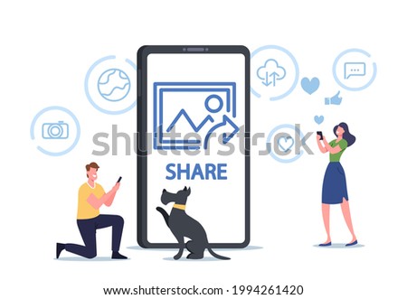 Tiny Male Character Shooting Pet at Huge Smartphone, Woman Making Selfie. People Sharing Photo with Friends and Followers in Internet. Social Media Content Exchange. Cartoon Vector Illustration