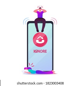 Tiny Male Character Sit on Huge Smartphone Ignoring Incoming Call Try to Avoid Unpleasant Conversation with Girlfriend. Woman Crying Suffering of Boyfriend Ignore. Cartoon People Vector Illustration