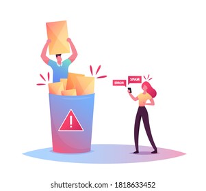 Tiny Male Character Sitting in Huge Litter Bin with Garbage Holding Envelope in Hands. Woman Reading Warning Messages on Smartphone, Error and Spam Notification. Cartoon People Vector Illustration