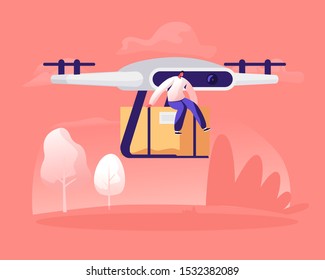 Tiny Male Character Sitting on Parcel Box Delivering with Drone by Air on Summer Landscape Nature Background. Futuristic Technologies in Post Mail and Shipping Service. Flat Vector Illustration