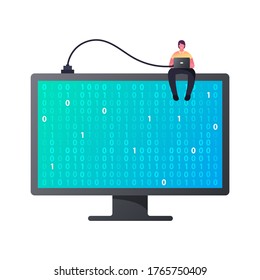 Tiny Male Character Sitting on Huge Computer Monitor with Binary Code on Desktop Screen with Laptop in Hands. Programmer Coding or Encrypt Information, Online Security. Cartoon Vector Illustration