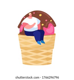 Tiny Male Character Sitting on Huge Ice Cream in Waffle Cone. Pink and Choco Icecream Scoop, Strawberry or Raspberry Flavor Sweet Dessert Decorated with Colorful Sprinkles. Cartoon Vector Illustration