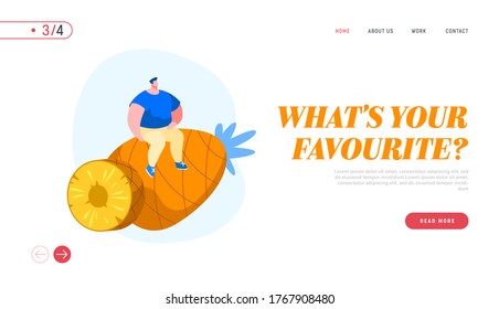 Personagem Macho Minúsculo Sentado no Enorme Abacaxi Landing Page Template. Dieta de frutas tropicais. O Homem Escolhe Comida Vegetariana Saudável, Fonte Fortificada de Saúde e Vitaminas. Ilustração de vetor de desenhos animados