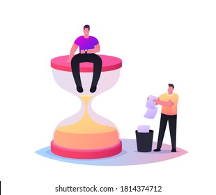 Tiny Male Character Sitting on Huge Hourglass Looking on Wrist Watch, Man Throw Out Expired Paper Documents with Irrelevant Information into Litter Bin, Delete Data. Cartoon People Vector Illustration