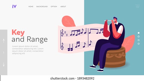 Tiny Male Character Sitting on Huge Music Box Playing Flute with Notes on Stave Landing Page Template. Vintage Musical Instrument or Decorative Souvenir Playing Melody. Cartoon Vector Illustration