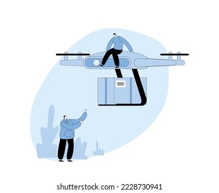 Tiny Male Character Sitting on Drone Delivering Parcel Box by Air to Customer Isolated on White Background. Futuristic Technologies in Post Mail and Shipping Service. Cartoon Vector Illustration