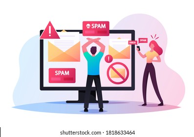 Tiny Male Character Stand front of Huge Computer Monitor with Spam Warning and Open Envelopes on Screen. Informational Garbage, Digital Marketing, Email Newsletters. Cartoon People Vector Illustration