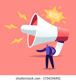 Tiny Male Character stand at Huge Megaphone Suffering of Noise Pollution. Big City Dweller Hearing Loud Sounds and Tinnitus. Loudspeaker Making Strong Uproar. Cartoon People Vector Illustration