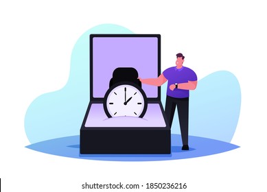 Pequeño personaje masculino en una caja enorme con reloj de lujo moderno. Hombre elegante comprando accesorios de lujo en una tienda de moda. Compras de hombres de negocios en Menswear Boutique Concept. Ilustración del vector de dibujos animados