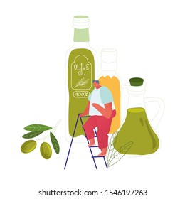 Tiny Male Character Stand on Ladder at Huge Extra Virgin Olive Oil Glass Bottles and Green Fresh Olives Branch Isolated on White Background. Farmers Natural Product. Cartoon Flat Vector Illustration