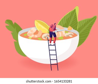 Pequeño personaje masculino en la ladera en el enorme bol con el tradicional plato tailandés Tom Yam Kung, sopa agria con gambas y cal. comida tailandesa, comida nacional, marisco. Ilustración de vectores planos de caricaturas