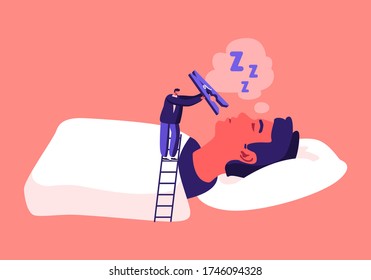 Tiny Male Character Stand on Ladder Put Huge Pin on Nose of Snoring Man Lying in Bed with Open Mouth. Snore Disease Concept. Breathing Health Disorder, Annoyance. Cartoon People Vector Illustration