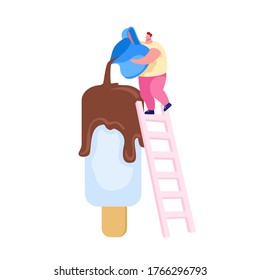 Tiny Male Character Stand on Ladder Pour Chocolate on Huge Popsicle Ice Cream on Wooden Stick. Summer Food, Delicious Sweet Dessert, Cold Treat. Man Decorate Icecream. Cartoon Vector Illustration
