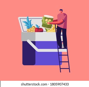 Tiny Male Character Stand on Ladder Put Products into Huge Car Fridge. Container Refrigerator for Transportation and Freezing Food, Refrigeration, Fresh Meals in Road. Cartoon Vector Illustration