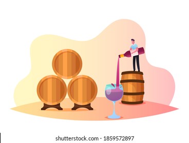 Der winzige männliche Charakter steht auf riesigem Barrel, der Wein in Glas gießt. Weinverkostung im Vault, Weinbereitung, Mazeration, Fermentation. Traditionelle Weinindustrie. Cartoon-Vektorgrafik