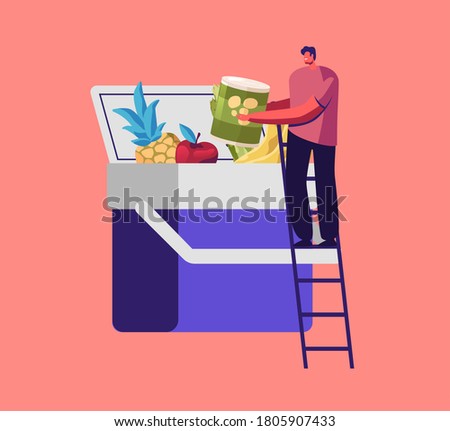 Tiny Male Character Stand on Ladder Put Products into Huge Car Fridge. Container Refrigerator for Transportation and Freezing Food, Refrigeration, Fresh Meals in Road. Cartoon Vector Illustration