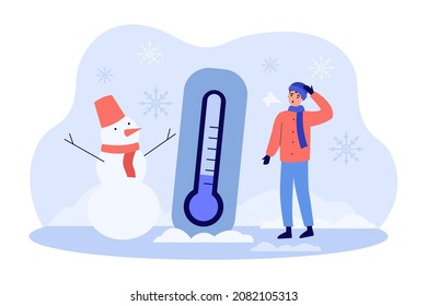 Tiny male character standing near thermometer and snowman. Boy with steam out of mouth and in seasonal clothes flat vector illustration. Winter concept for banner, website design or landing web page