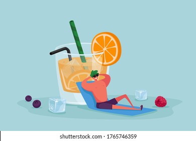 Pequeño personaje masculino en gafas de sol Relajante sentada a un enorme vidrio con jugo de naranja, rodaja y paja. Hombre disfrutando de vacaciones de verano, bebiendo refresco en verano. Ilustración del vector de dibujos animados