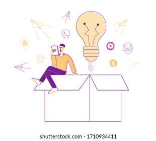 Tiny Male Character with Tablet Pc Sitting on Huge Carton Box with Glowing Light Bulb and Paper Airplanes Flying Out of Package. Leaving of Mind Limits, Dreaming, Start Up. Linear Vector Illustration