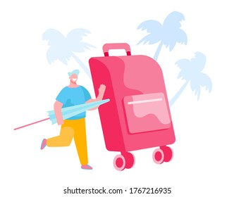 Tiny Male Character with Umbrella in Hands at Huge Luggage with Palm Trees around. Tourist on Summer Time Vacation, Man Travel on Tropical Country Resort with Suitcase. Cartoon Vector Illustration