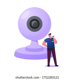 Tiny Male Character in Uniform with Walkie Talkie in hand Stand at Huge Video Camera. Guard Man Use Surveillance System for Protection Property, Monitoring and Security. Cartoon Vector Illustration