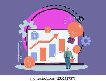 Tiny male character using laptop for investing in startups or foreign currency. Modern finance digital services flat vector illustration. Fintech, economy, money exchange, business innovation concept