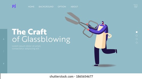 Tiny Male Character Wearing Apron Holding Huge Scissors Landing Page Template. Barber with Tool for Hair Cutting. Barber Shop Shaves and Cuts Service. Haircutting Salon. Cartoon Vector Illustration