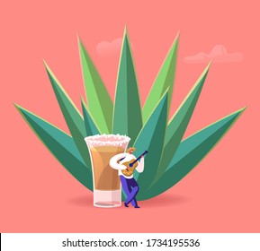 Tiny Male Character Wearing Sombrero Playing Guitar stand at Huge Agave Azul Plant and Tequila Shot with Salt. Mexican Culture Tourism, Latin Landmark, Cinco de Mayo Fest. Cartoon Vector Illustration