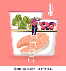 Tiny Male Character Wearing Winter Clothing and Scarf Stand on Ladder near Refrigerator Containers with Different Frozen Food, Fresh Berries, Vegetables and Fish. Cartoon Flat Vector Illustration