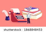 Tiny Male Character Writer or Professional Author Stand at Huge Typewriter, Inkwell and Books Pile Create Composition, Writing Poetry or Novel. Creativity Concept. Cartoon People Vector Illustration