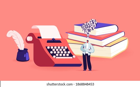 Tiny Male Character Writer or Professional Author Stand at Huge Typewriter, Inkwell and Books Pile Create Composition, Writing Poetry or Novel. Creativity Concept. Cartoon People Vector Illustration