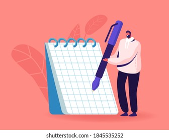 Tiny Male Character Writing with Pen on Huge Notebook with Chequered Pages and Spiral. Notes or Messages, Student Studying, Journalist and Author Occupation Concept. Cartoon Vector Illustration