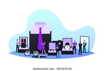 Tiny Male Characters Buying Accessories Concept. Men Choose Stylish Studs, Eyeglasses, Tie, Quill Pen and Watch in Luxury Store. Fashion, Masculinity, Menswear. Cartoon People Vector Illustration