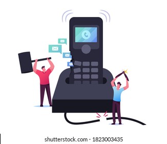 Tiny Male Characters Destroying Huge Calling Telephone. Men Ignoring Incoming Calls Trying To Avoid Unpleasant Conversation With Ex Girlfriend Or Scammer Stranger. Cartoon People Vector Illustration